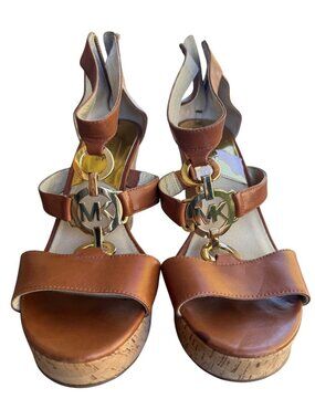 Michael Kors Brown Leather Wedge Sandals Size 8.5 With Gold Accent & Cork Heel